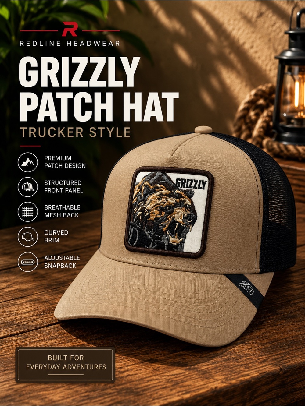 Grizzly Bear Trucker Hat Tan Black Embroidered Patch Snapback Cap